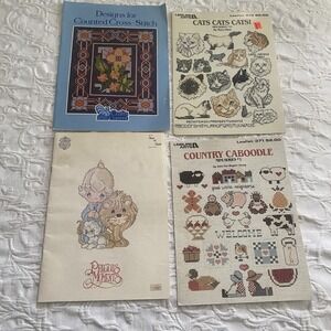 Cross Stitch LOT 4 Pattern Books Leaflets VTG 80s‎ Cats Country Animals Florals